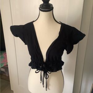 Princess Polly Black Flutter-Sleeve Tie-Front Crop Top
